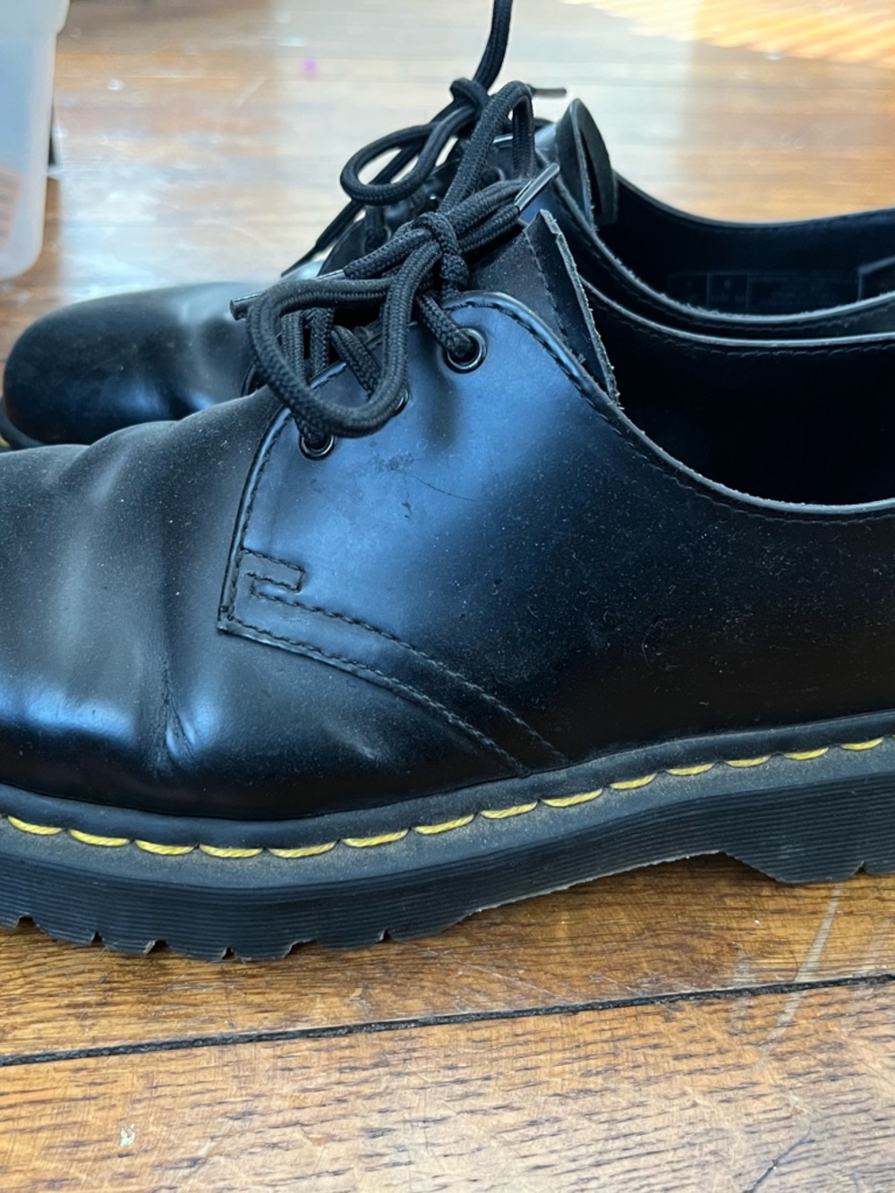 Dr. Martens Black Leather Lace-Up Oxfords with Yellow Stitching